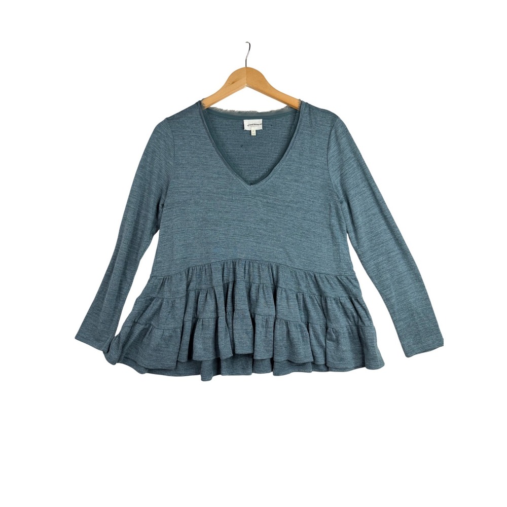 Anthropologie Deletta Thea Tiered Ruffle Peplum Top size Small Petite Teal Blue